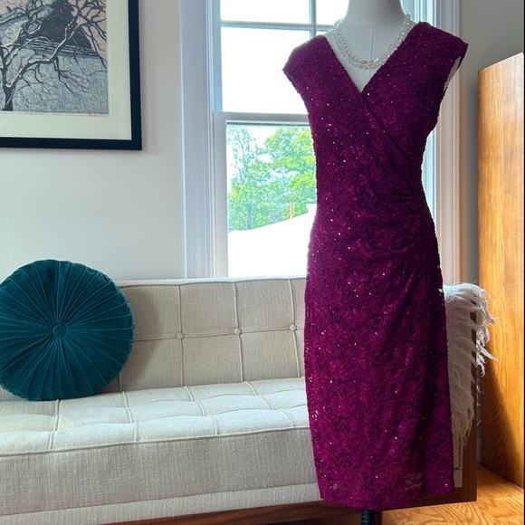 Magenta Floral Lace Dress with Embellishments - Picture 2 of 9